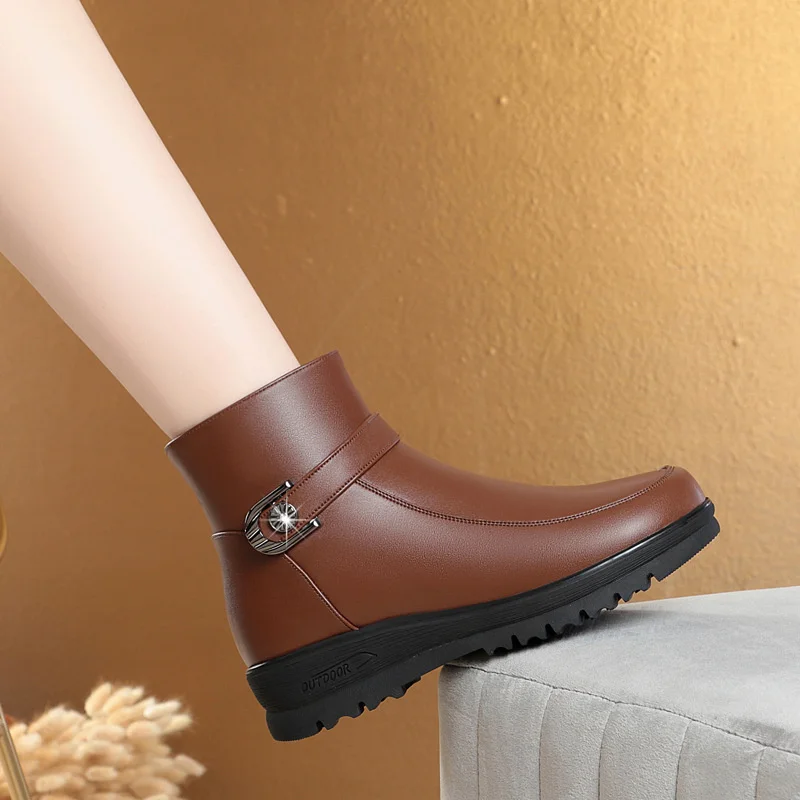 Fashion Winter Women Elegant Comfort Soft Sole Leather Ankle Boots Thick Plush Warm Snow Mother Waterproof Non-slip Boots