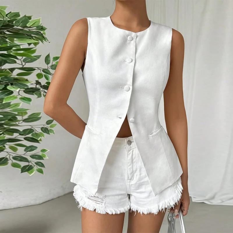 ผู้หญิงสีดําเสื้อเก๋O-คอเสื้อกั๊กเสื้อแขนยาวผู้หญิงSingle-Breastedชุดเสื้อกั๊กสวมใส่ผู้หญิงWaistcoat 2025