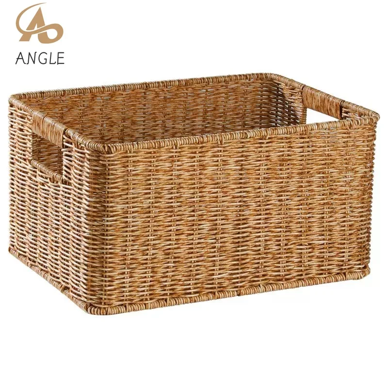 Imitation Wicker Storage Basket Woven Rattan Organizer for Bathroom Kitchen Drawer, Plastic Woven Basket Home Organizer