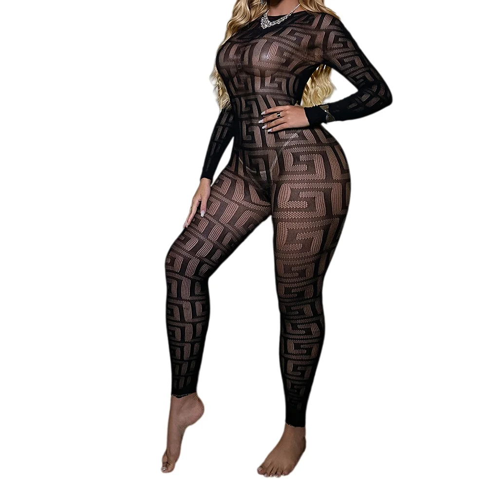 Women's Sheer Mesh Bodycon Jumpsuit Long Sleeve Open Back Monogram Pattern One Piece Bodysuit Clubwear