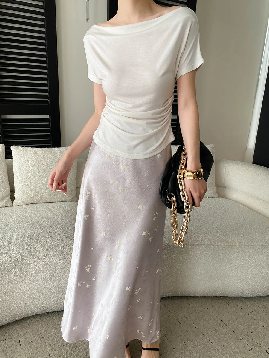 Frühlings- und Sommerrock für Damen im chinesischen Stil mit Schmetterlings-Jacquardmuster, elastischer hoher Taille und drapiertem Satin. – Detail 16