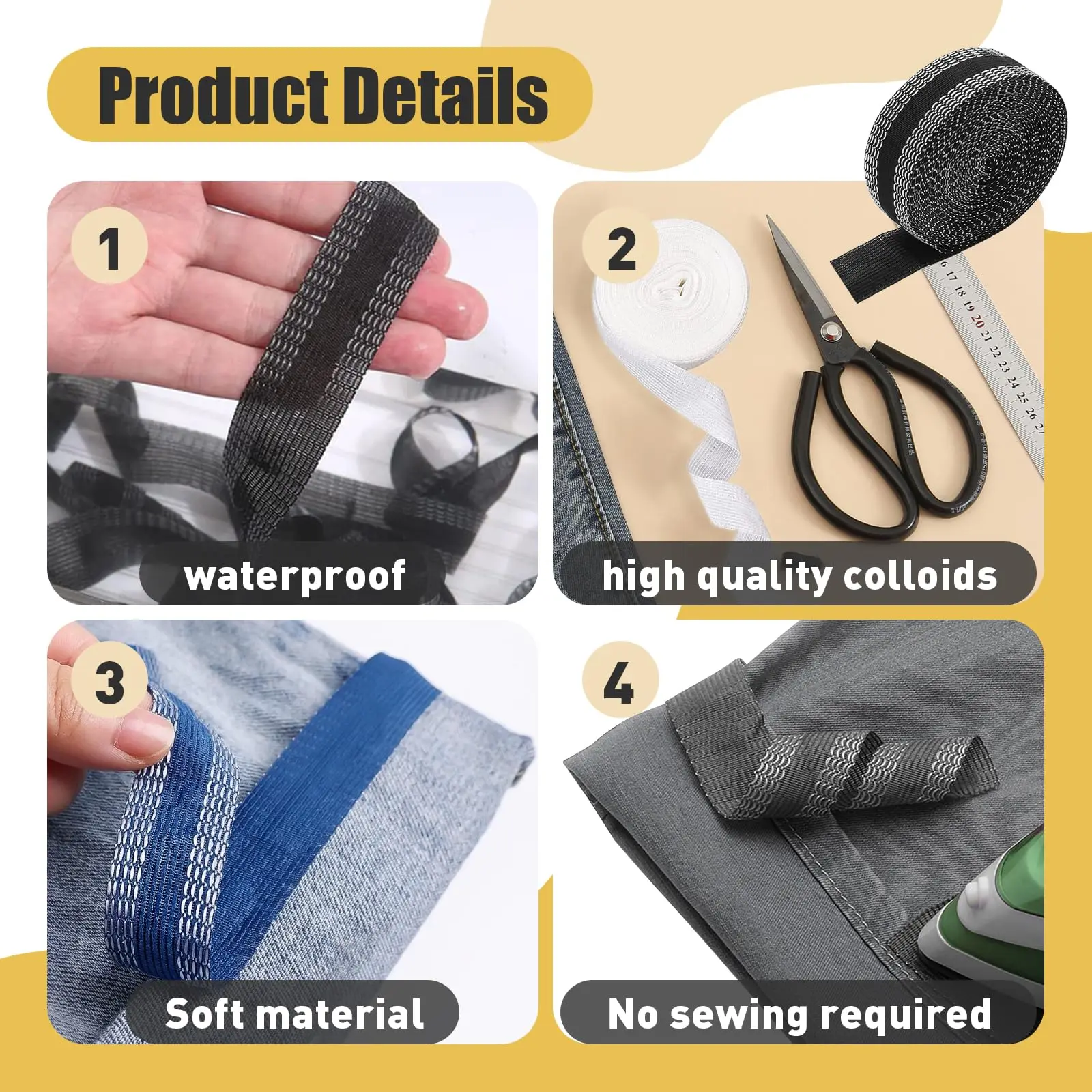 パンツ用テープ、16.4フィートのズボンエッジ修正ストリップ、ジーンズスーツパンツズボン口用アイロン接着インスタントヘムテープ