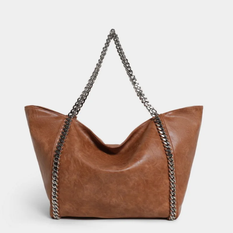 

Сумка-тоут большой емкости в стиле ретро, модная сумка на плечо с двойной цепочкой, высококачественная мягкая сумка, простая женская сумка