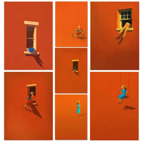 Bold Minimalism Orange Dopamine Aesthetics Warm Sunshine Window Sill Art Poster Canvas Printing Home Wall Decoration Painting