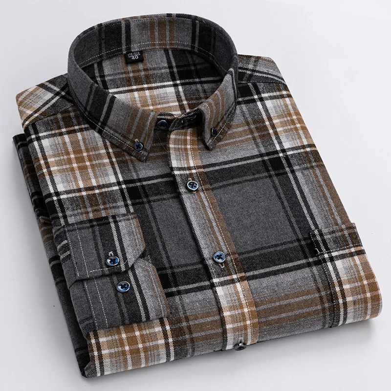 2023 New Hot Sale Fashion Pure Cotton Brushed Men\'s Shirt Long Sleeve Plaid Spring And Autumn Social Casual Shirt For Men