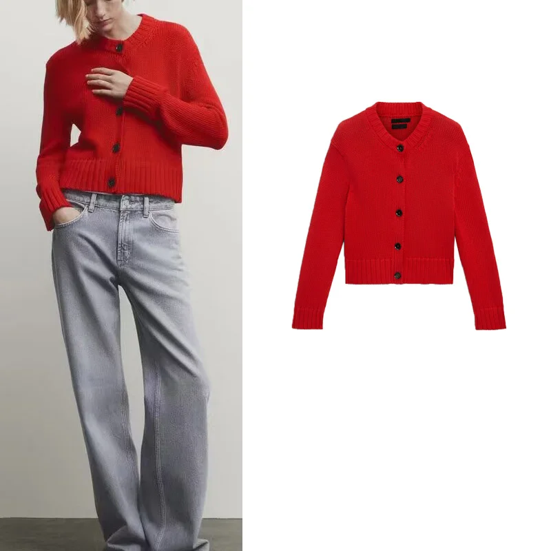 

mat Red Knitted Sweater Coat MD Women's Faion 2024 Button Decorated Knitwear Vintage Sle Long Sve Regular Fit
