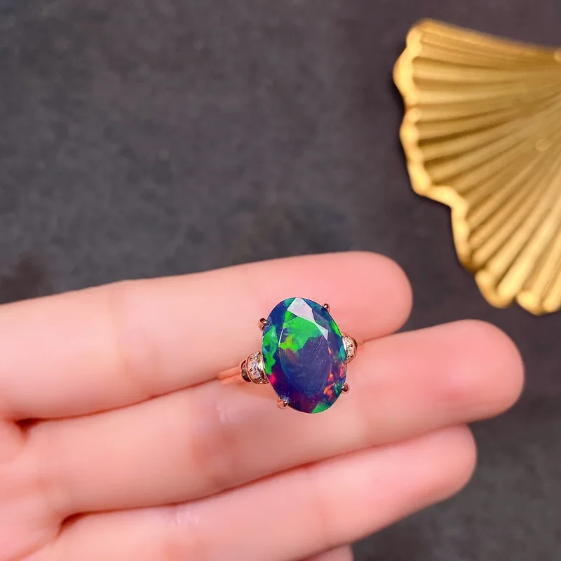 Fine Jewelry Ring for Party10x14mm Facet Natural Black Opal Luxury 925 Silver Opal Ring Gift for Woman