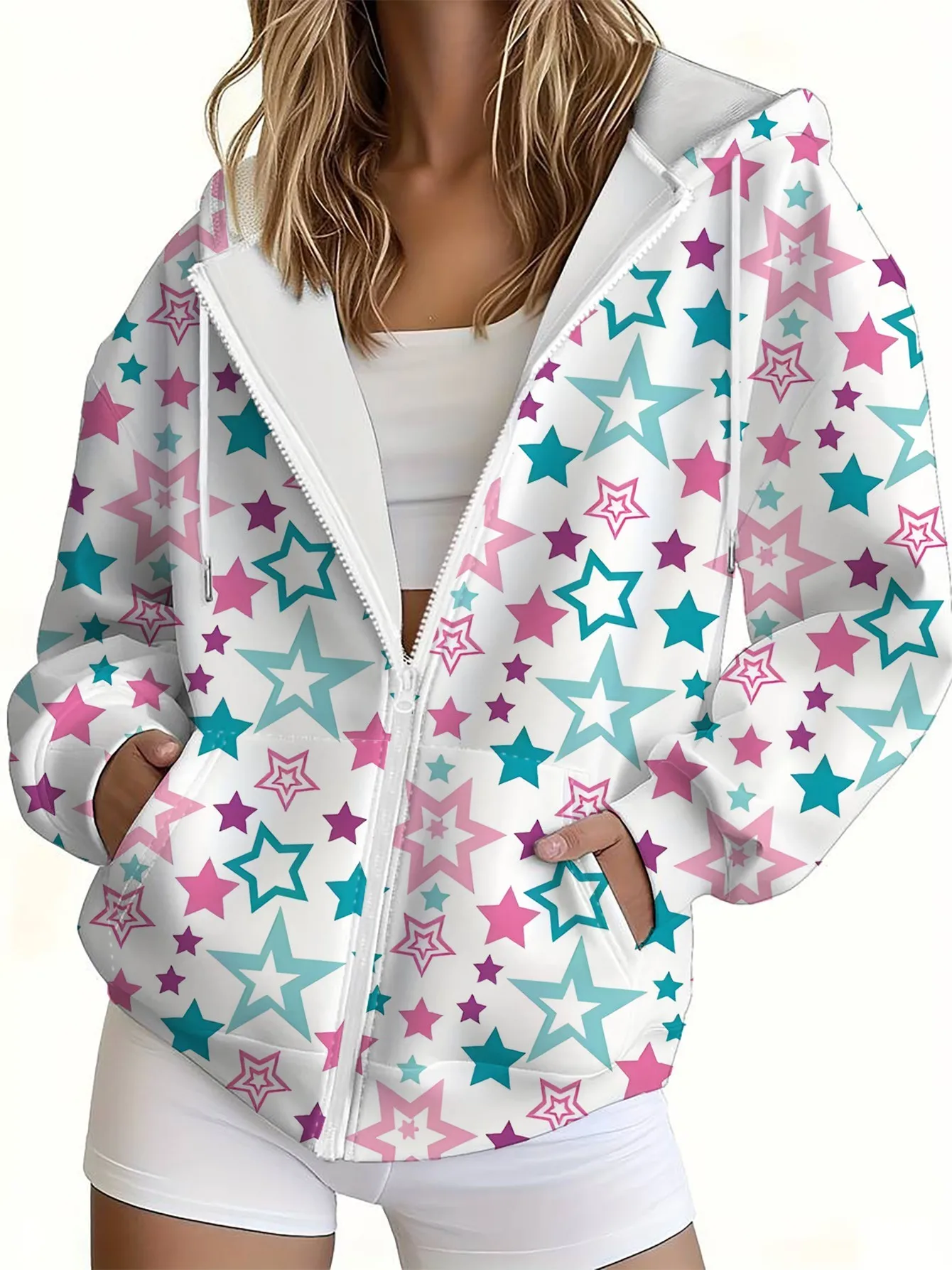 2026 Autumn/Winter Women's Zippered Hooded Sweatshirt for Fashion and Relaxation - 3D Pentagram Pattern Print