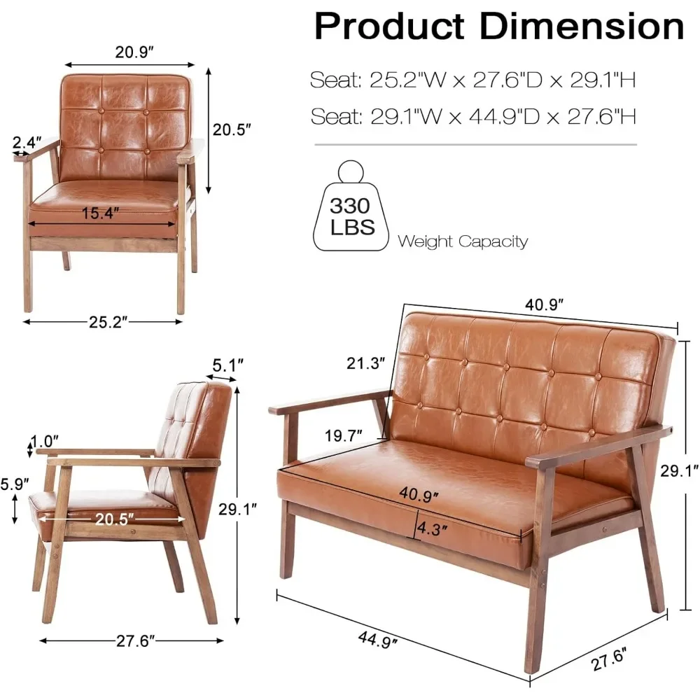 Upholstered Leather Couch Love Seats，Modern Loveseat Sofa Set， 2-Seat & Accent Chair,Living Room Furniture Sets,Small Cou