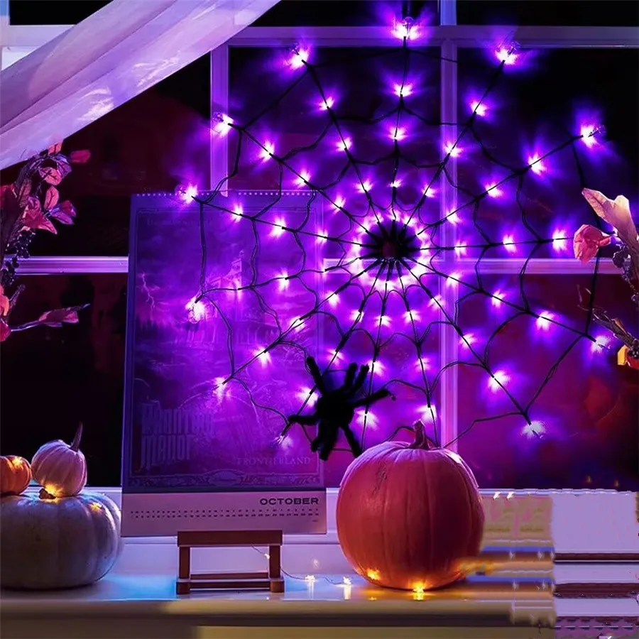 Guirxiété Lumineuse LED en Forme de Toile d'Araignée pour Halloween, 8 Modes, Télécommande, Décoration Intérieure et Extérieure pour Toussainy, Nouvelle Collection 2023