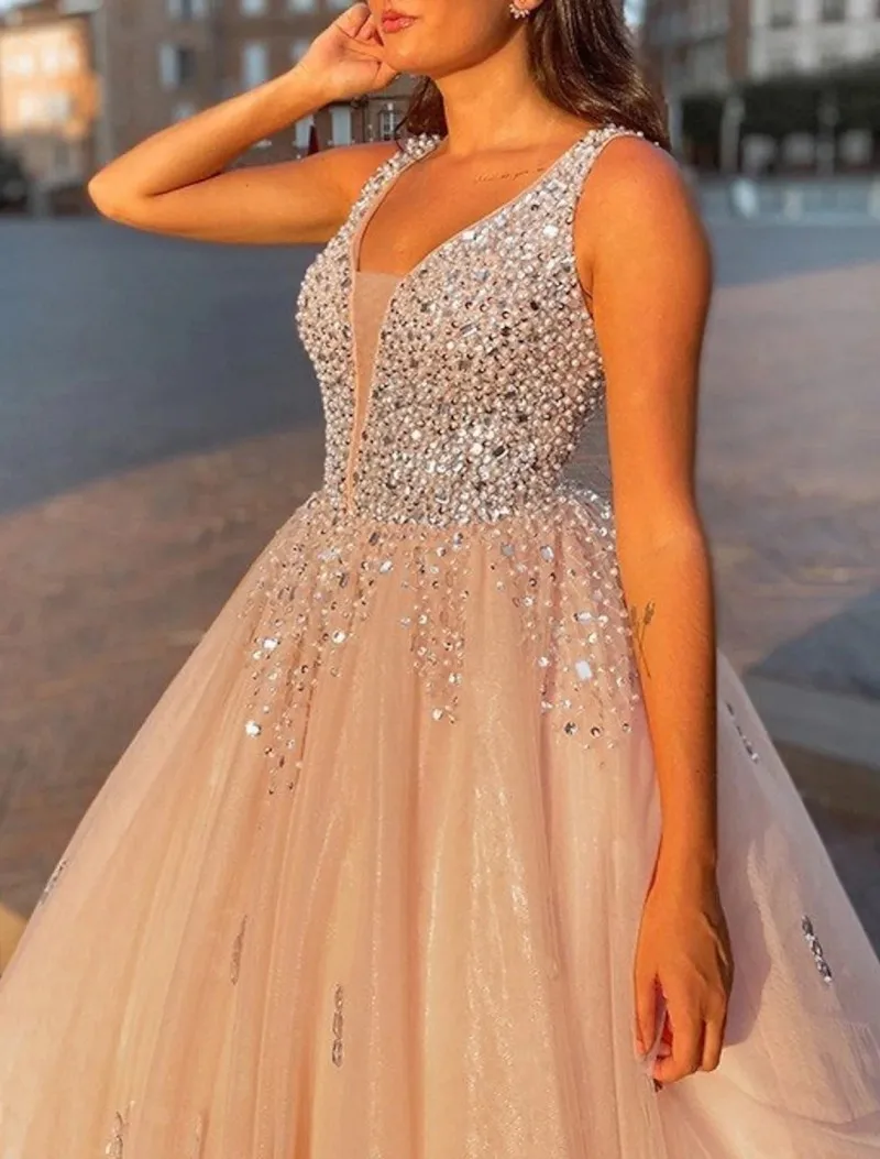 Luxury Peach Pink Prom Formal Dresses V Neck Satin Beading Sequin Tulle Birthday Party Gowns Vestidos 2025 Robe De Soiree