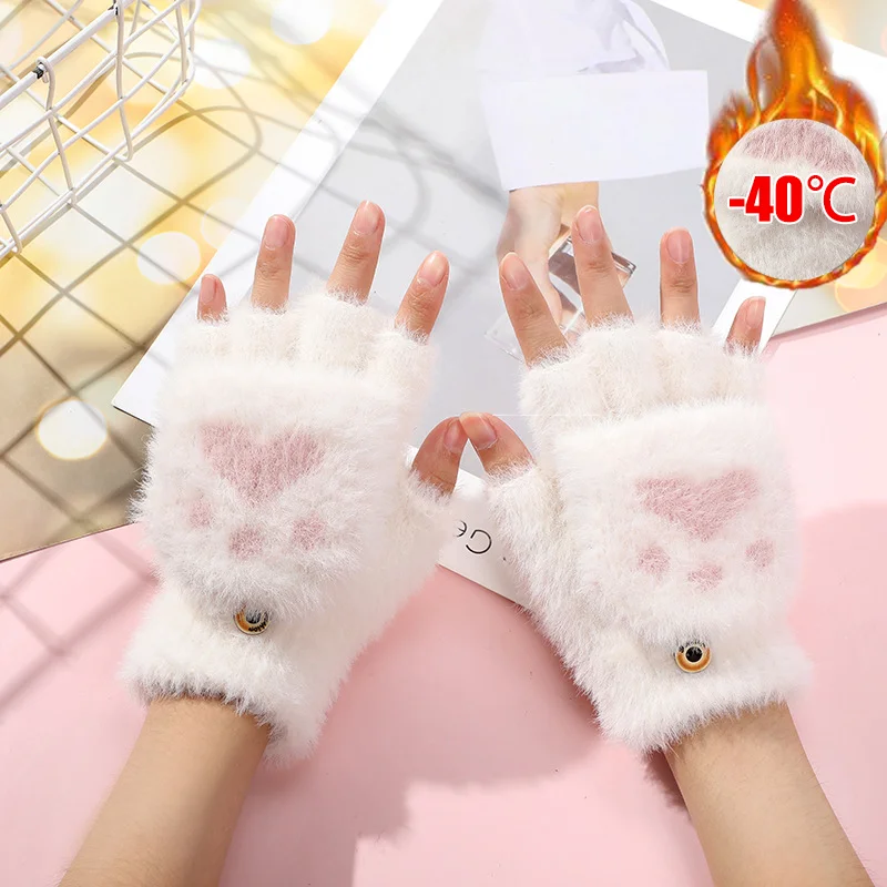 Winter Warm Plush Cat Paw Gloves Women Soft Fluffy Half Finger Mittens Cute Paw Shape Fingerless Gloves for Cold Weather