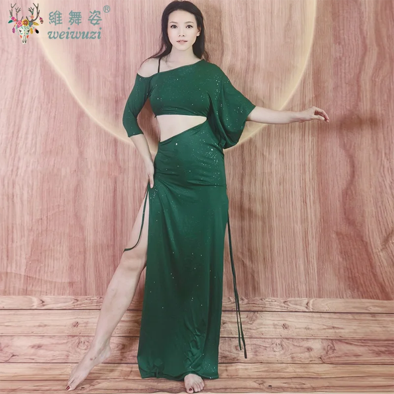 

Belly Dance Practice Clothes Unilateral Off-the-shoulder Top+Sexy Long Skirt 2pcs for Women Oriental Dancing Training Suit