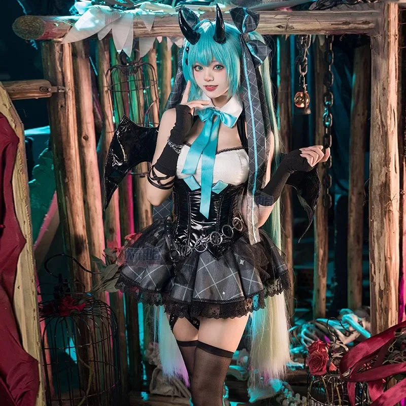 Kostum Cosplay Anime Demon Miku wanita gaun seksi setelan sayap seragam setan Lucu Miku dengan ekor pakaian pesta karnaval Halloween