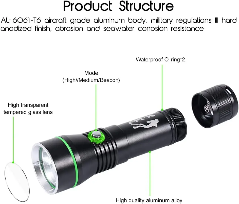 Lanterna De Mergulho APLOS com Indicador De Potência, IPX8 Impermeável, Luz De Mergulho Profissional, Lanterna Da Tocha, AP30, 3000lm