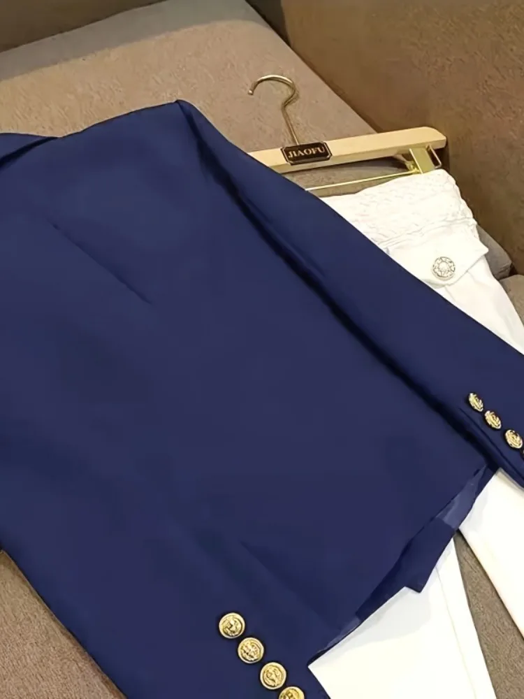 Yeezzi Women's Navy Blue Double Breasted Long Sleeves Blazer Elegant Gold Button Suit Jacket Formal Office Business Outerwears
