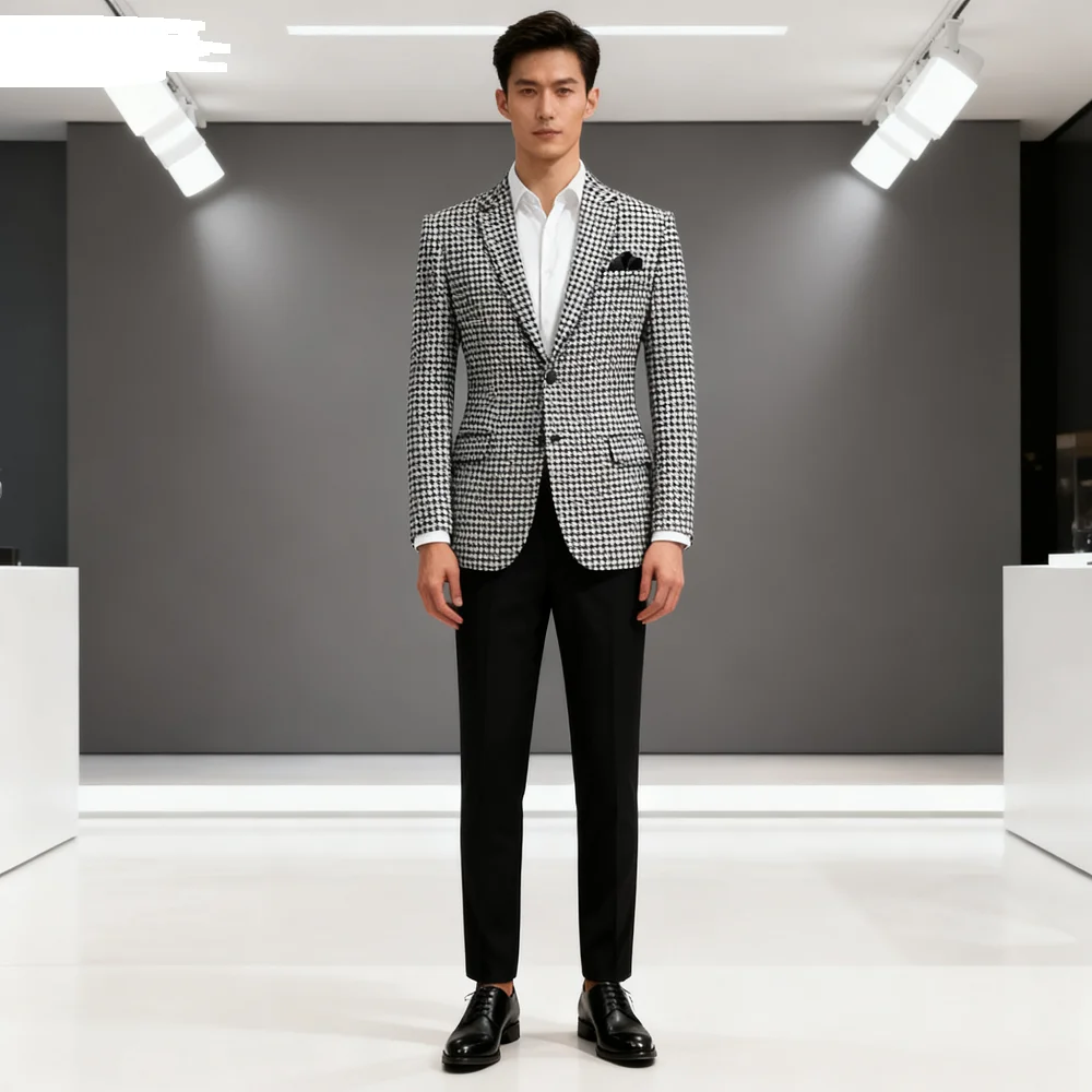

Men's Houndstooth Slim Fit Tuxedo Jacket American Style Blazer for Wedding Checkered Suit Lapel Blazer 1 Piece