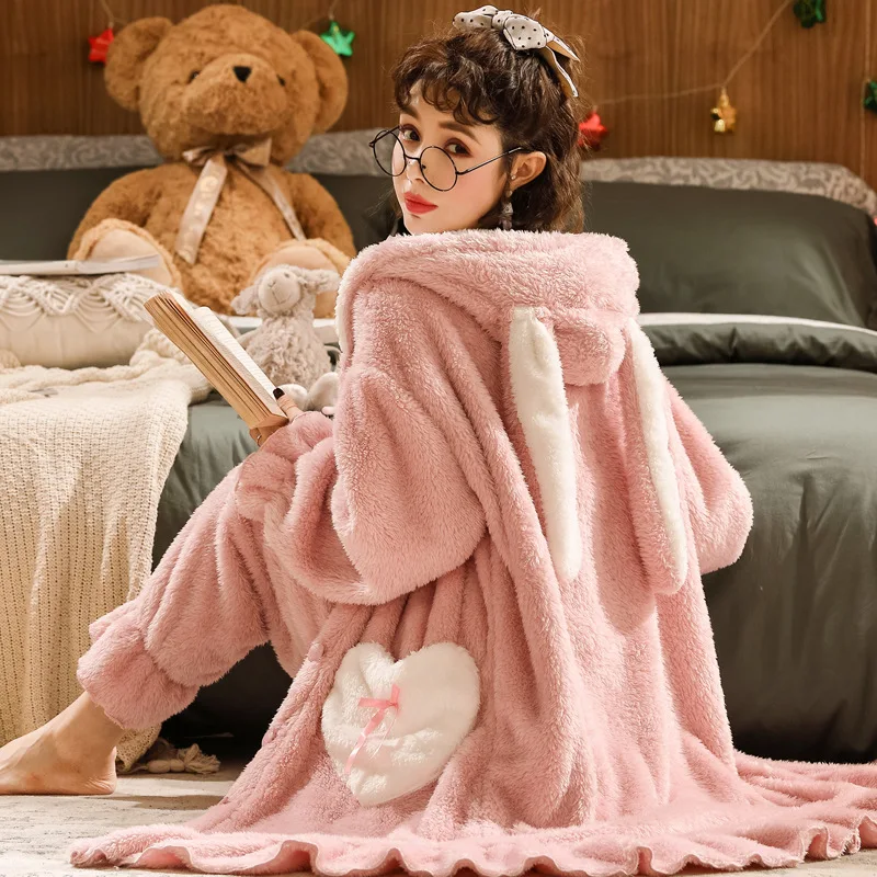 Lovely Nightgowns For Women Winter Thick Flannel Pajamas Set Pink Kawaii Rabbit Ears Pocket Girls Homewear Sleepshirt Nightdress