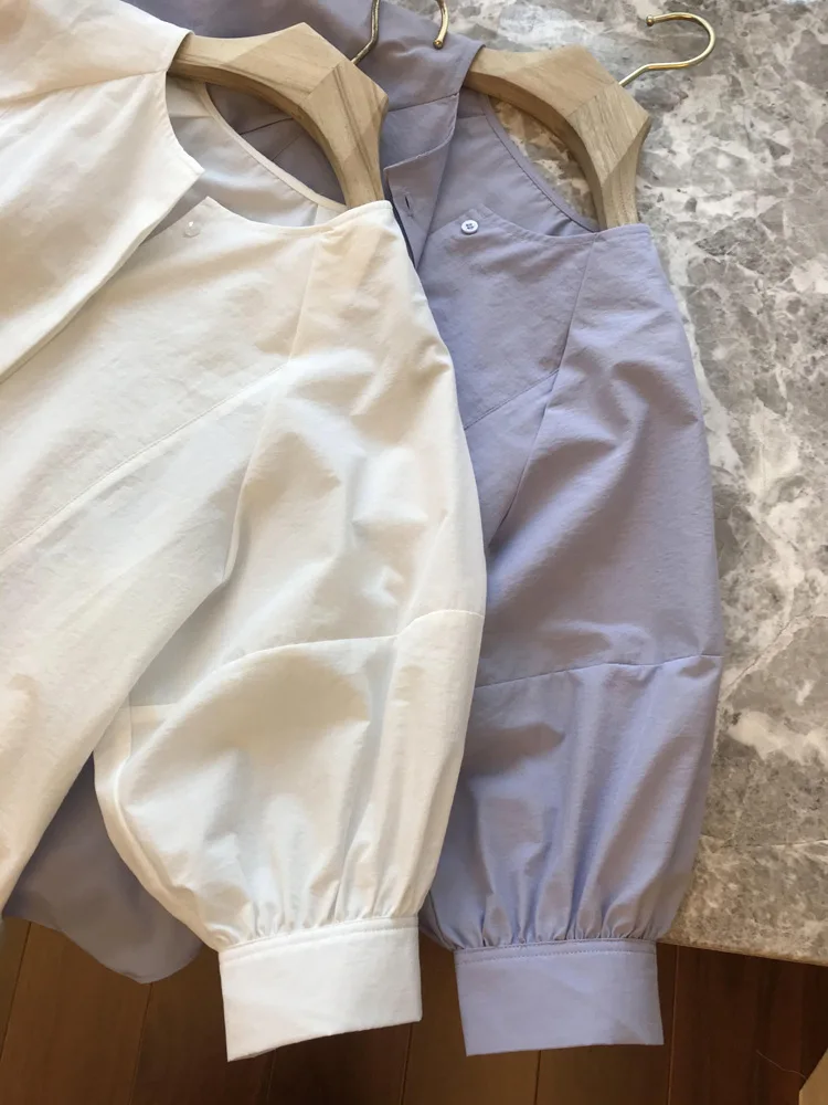 Camicia ampia a maniche lunghe con scollo tondo tinta unita casual da donna primaverile ed estiva