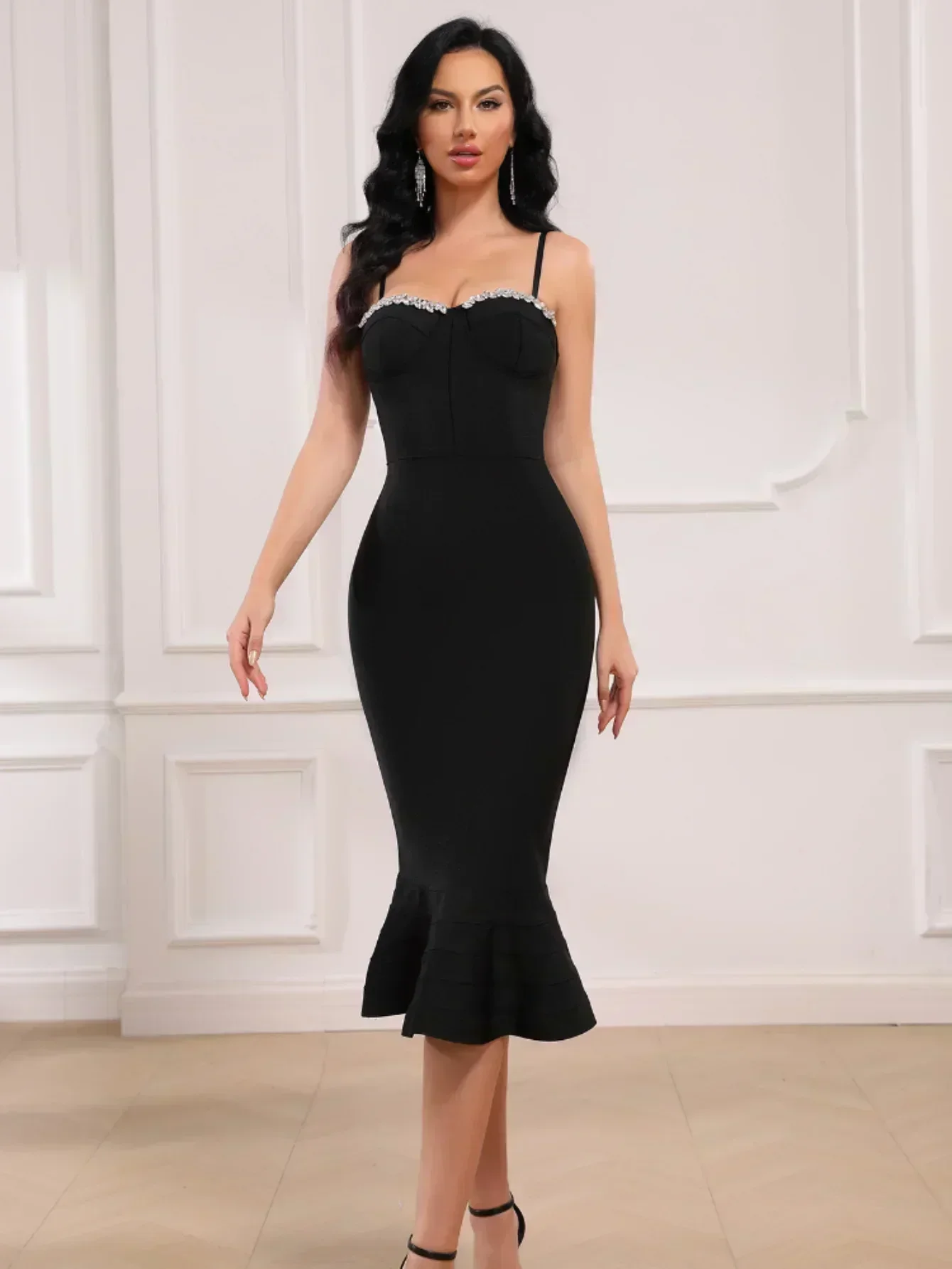 Black Bandage Dress 2024 New Tight Sexy Handmade Nail Diamond Cocktail Party Celebrity Banquet Dance Elegant Evening Dress