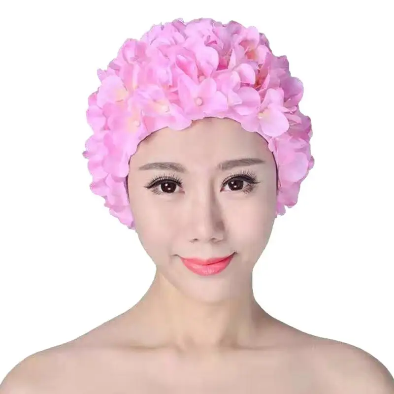 Flower Petal Fabric Swimming Cap Swim Pool Beach Surfing Protect Long Hair Ears Caps Hats Bath Cap For Women