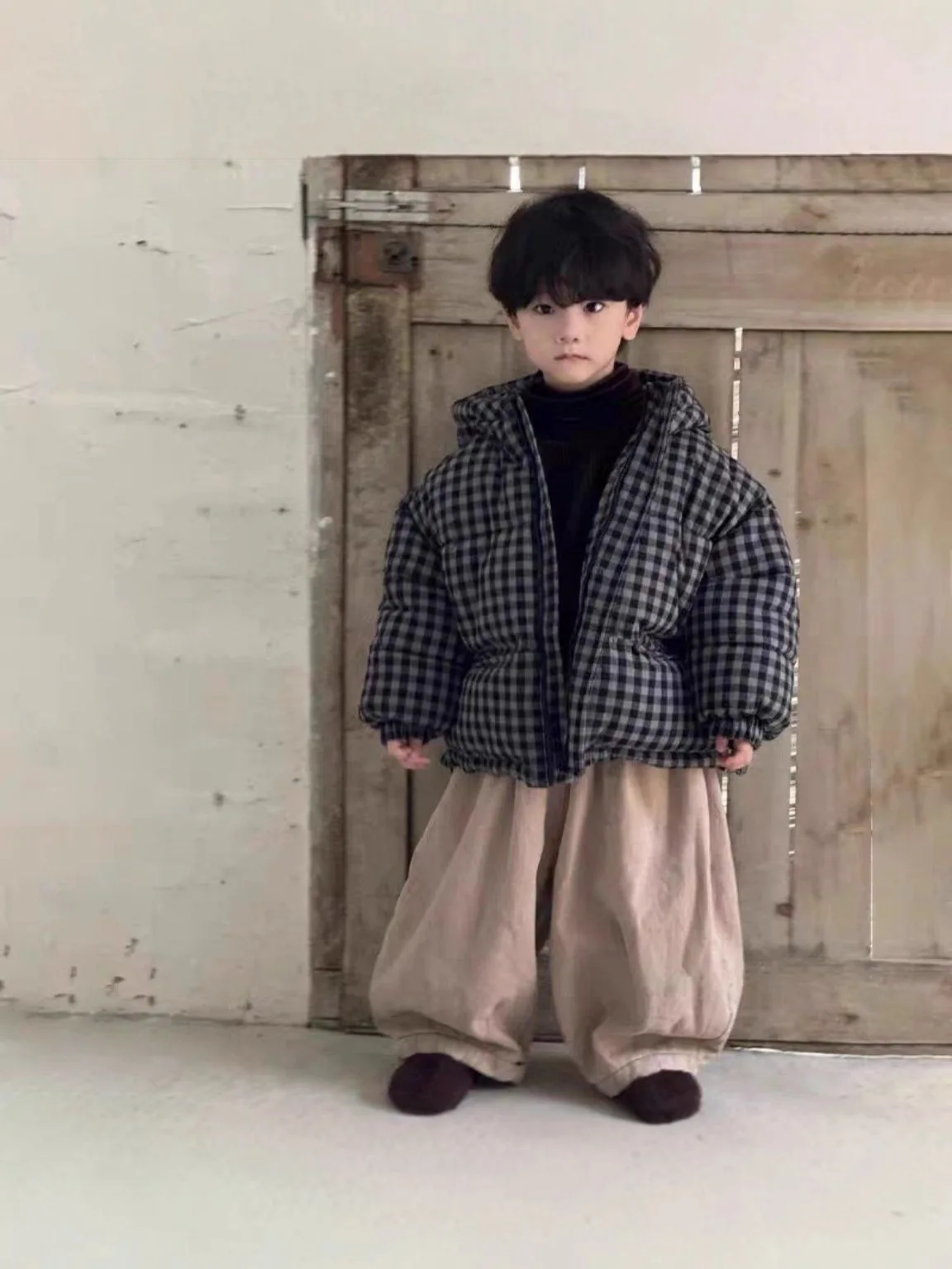Boys Girls Padded Coat Thick Warm Childrens Wear Jacket Korean Kids Plaid Loose Fur Liner Fall Winter Medium Small