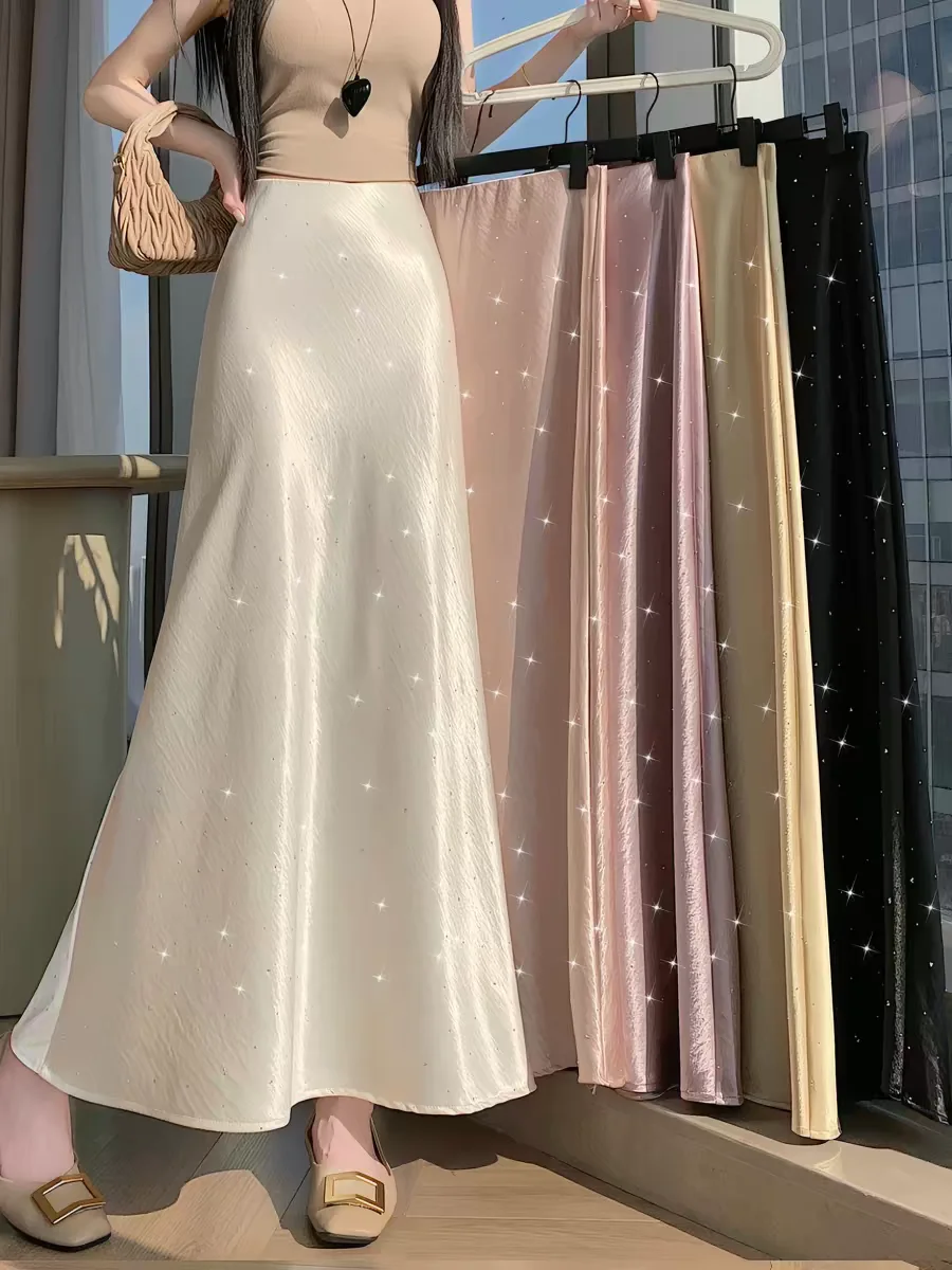 

Новая летняя юбка-миди из ацетатного атласа со стразами, фасон «русалка» - элегантная женская юбка с эластичным поясом и драпировкой