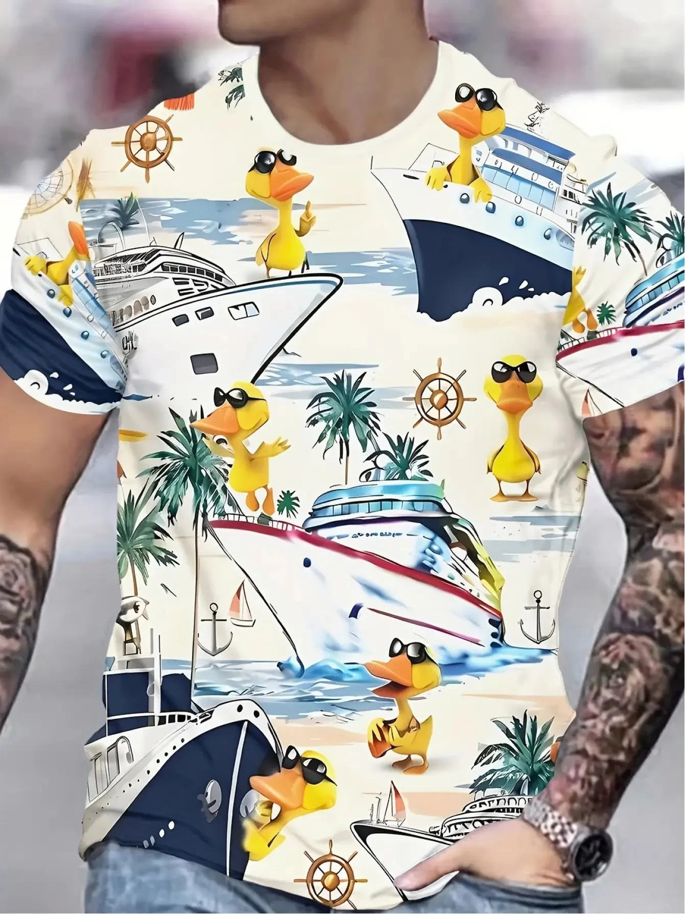 Men's Summer Beach Yellow Duck Cruise Ship 3D Print T Shirt O Neck Short Sleeve Casual Nautical Graphic Tee