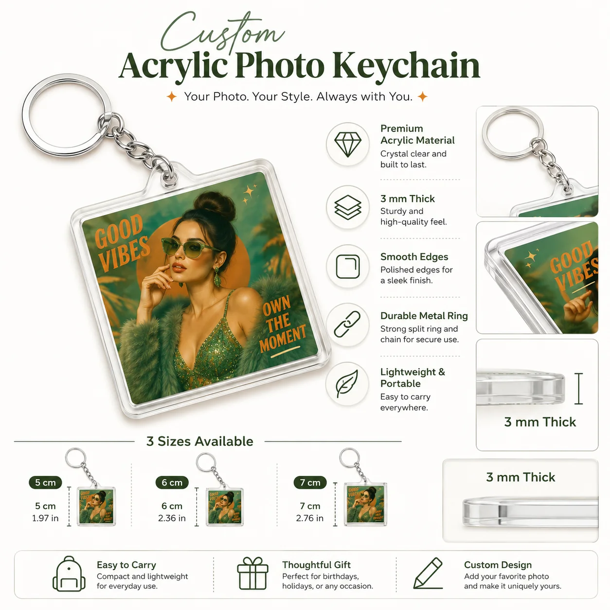 Custom Square Acrylic Photo Keychain, Personalized Picture Key Ring, Customized Bag Charm, Memorial Keepsake Gift for Birthday &
