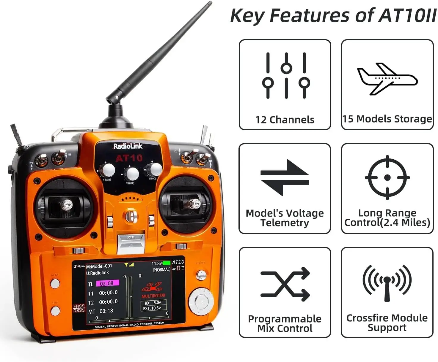 AT10II 12 Channels RC Transmitter and Receiver R12DS 2.4GHz Radio Remote, Voltage Telemetry for RC Airplane, FPV Racing Drone, Q