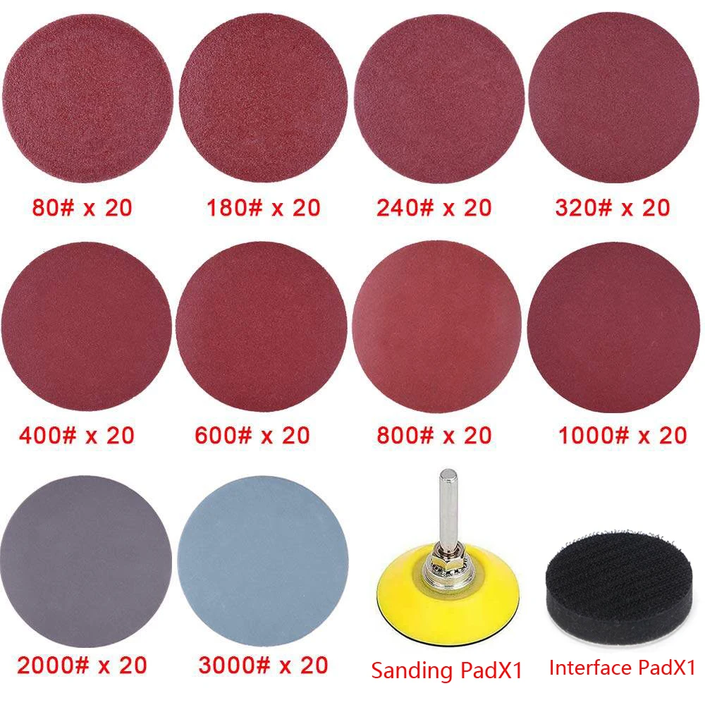 2-дюймовая наждачная бумага на липучке, 202 шт. с влажной и сухой шлифовальной бумагой, подложка в ассортименте, зернистость 80-3000 для полировки дерева, автомобиля