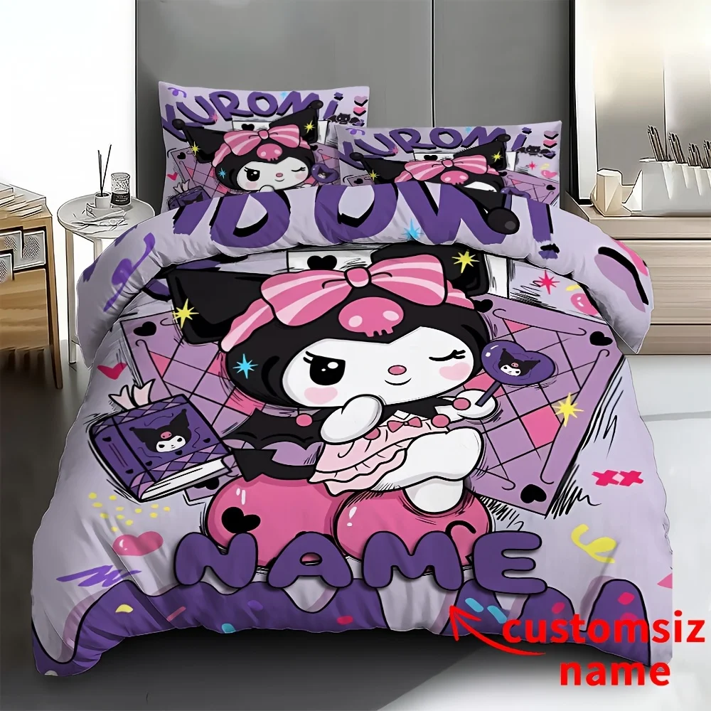 Parure de lit avec housse de couette Kuromi personnalisable, personnalisée avec votre nom, King Queen, pleine taille, pour chambre d'enfants, meilleurs cadeaux