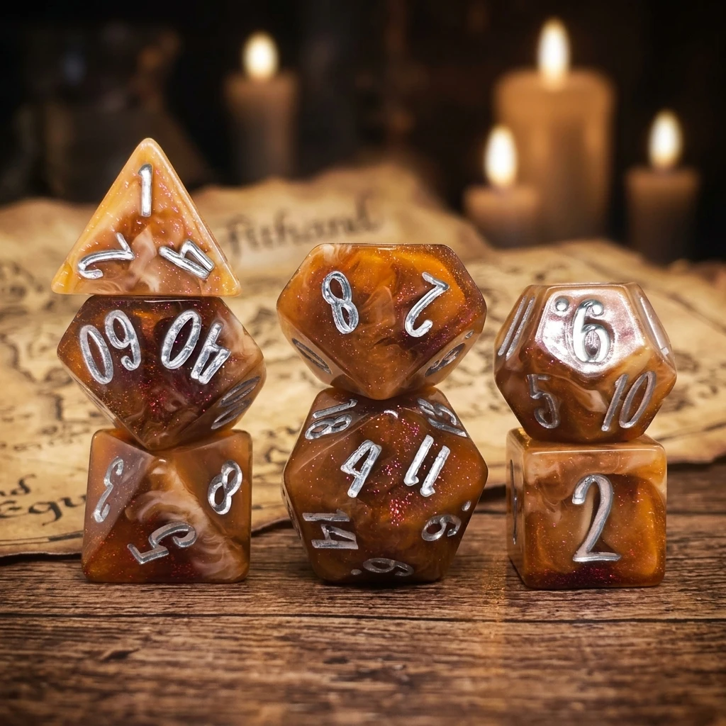 7Pcs Coffee Brown Swirl Glitter Polyhedral DND Dice Set Resin RPG Dice Glitter Silver Ink Number For Tabletop TTRPG Board Game