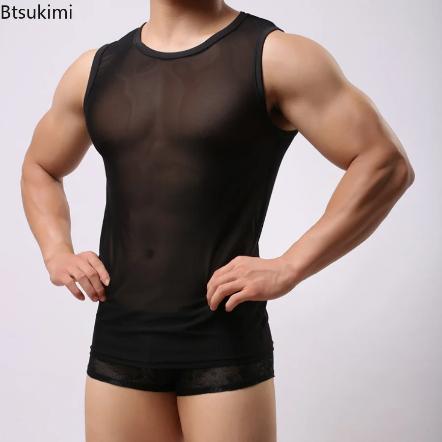 

2025 Summer Men's Undershirts Sexy Mesh Transparent Muscle Vest Elastic Skinny Tank Top Men Sleeveless Sheer Gym Fitness T-shirt