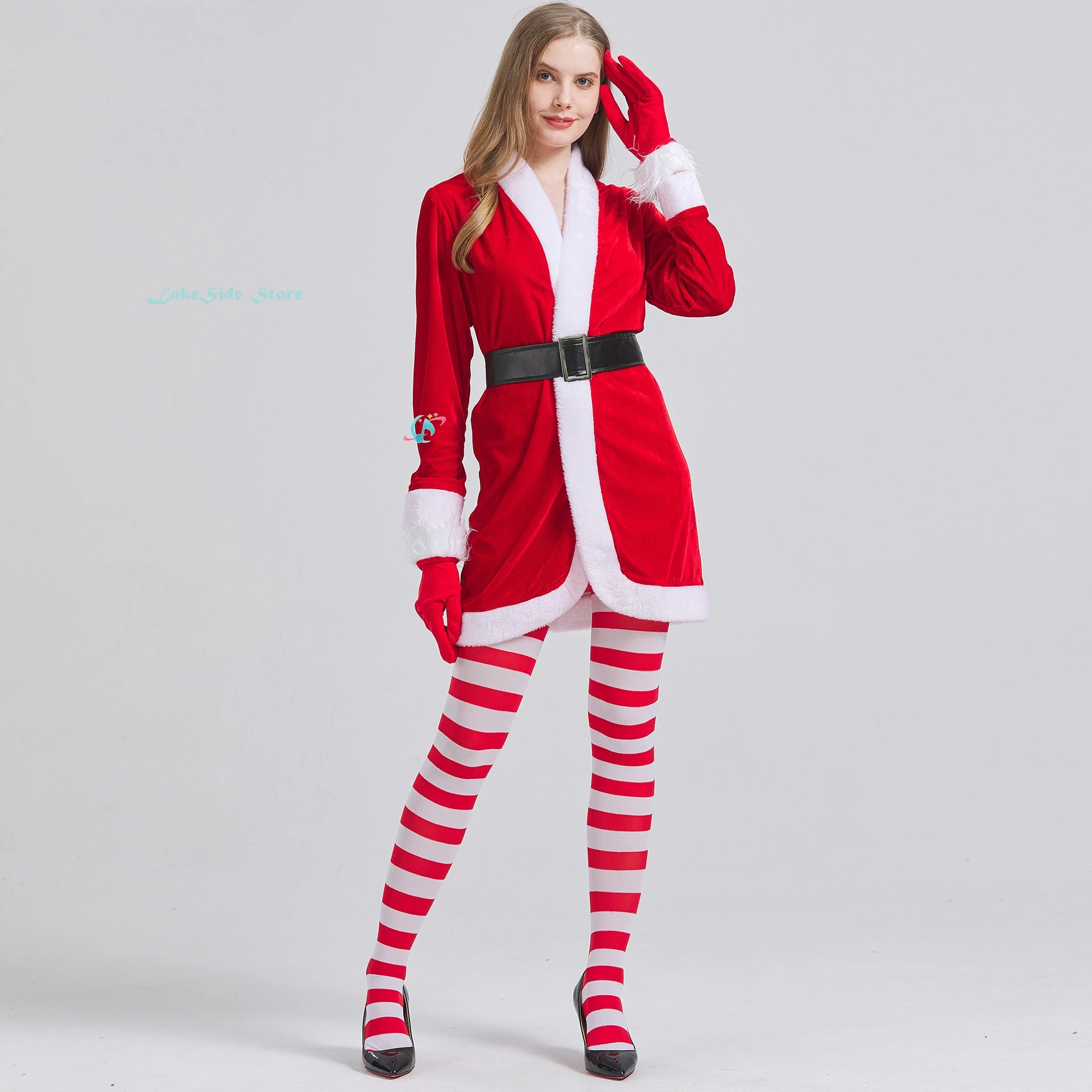 

Рождественский костюм, красное бархатное пальто, чулки с поясом, полный комплект, женская вечерние, новогодняя одежда, фестивальная сценическая униформа, R disfraz mujer