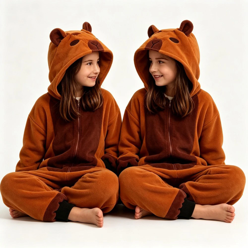 Winter Kids Capybara Onesie Sleepwear Warm Flannel Hooded Animal Pajamas, One Piece Jumpsuit For Boys Girls Home Night Wear