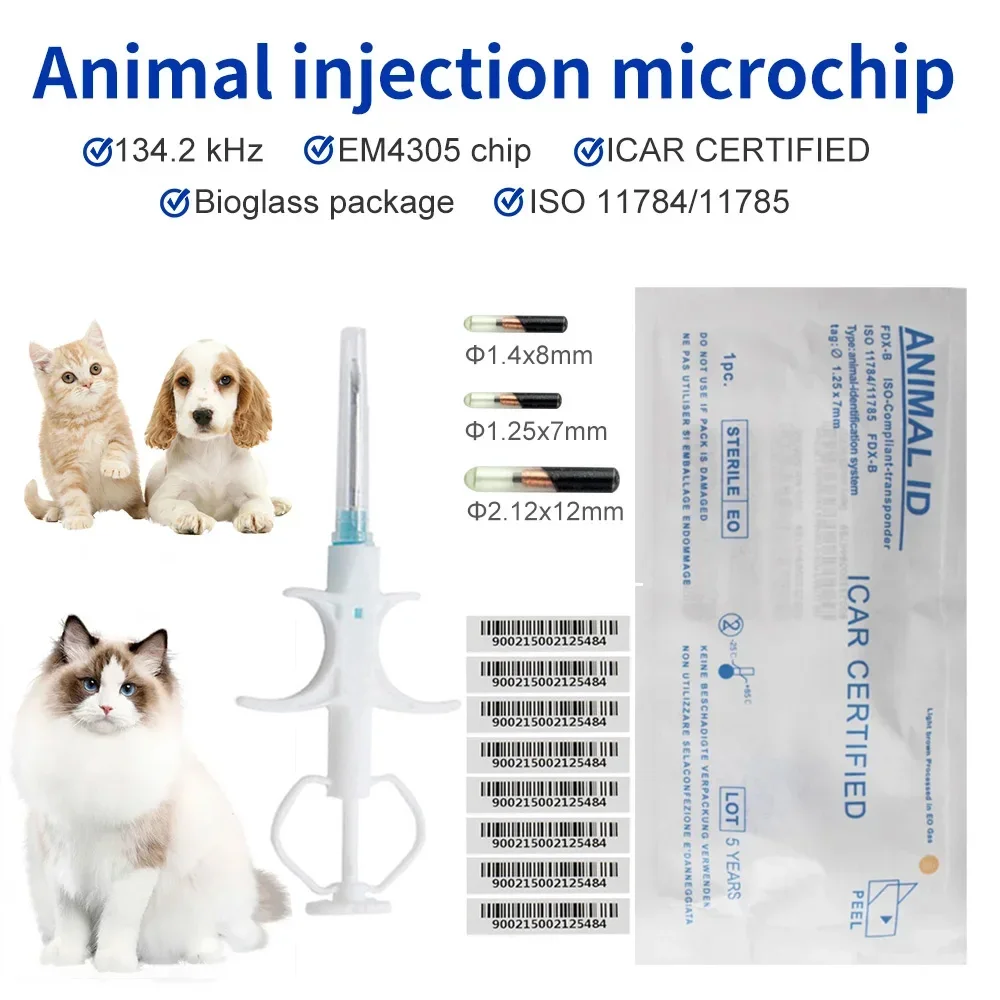 

100pcs/Pack Pet EM4305 Microchip 134.2KHz FDX-B Animal ID Chip Animal Microchip Syringe International Standard