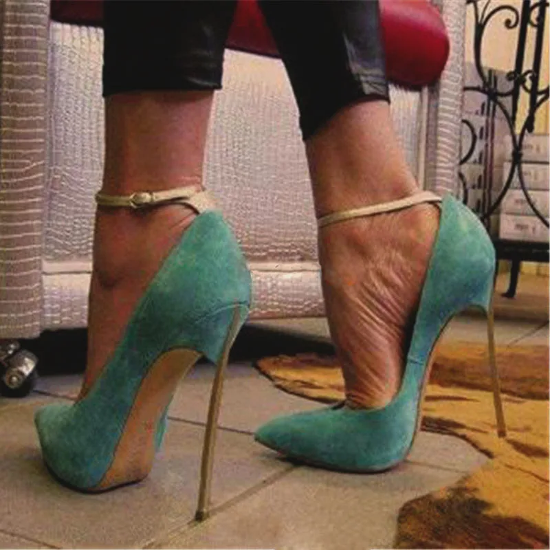 

Female Pointed Toe Blade Stiletto Heel Pumps Green Purple Suede with Gold Ankle Strap Metal High Heels Sexy Party Dress Shoes