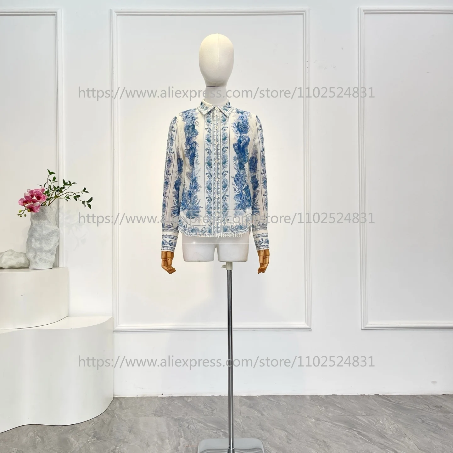 

Navy Blue White Floral Print Long Sleeve Blouse Tops and Midi Skirt Set 2025 New Design