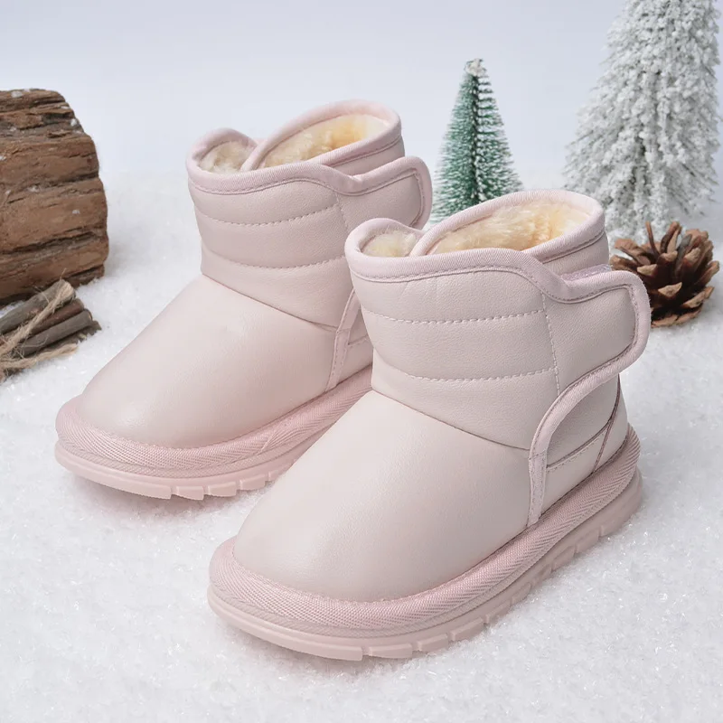 Stivali da neve in pelle PU per bambini per ragazze ragazzi scarpe da bambino antiscivolo impermeabili invernali stivali corti con piattaforma in peluche caldi scarpe da bambino