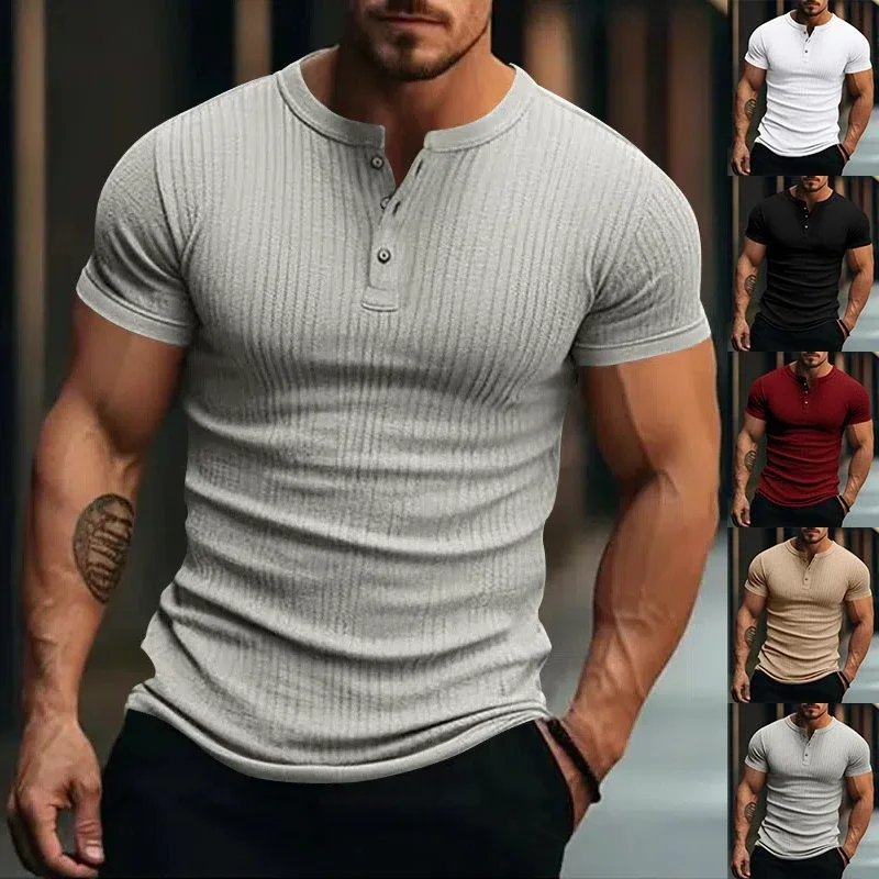 Mens Sprg Summer Casual Solid Color Ribbed T Shirt Knitted Short Sleeve Tees Vtage Button-up Henley Collar T-shirts For