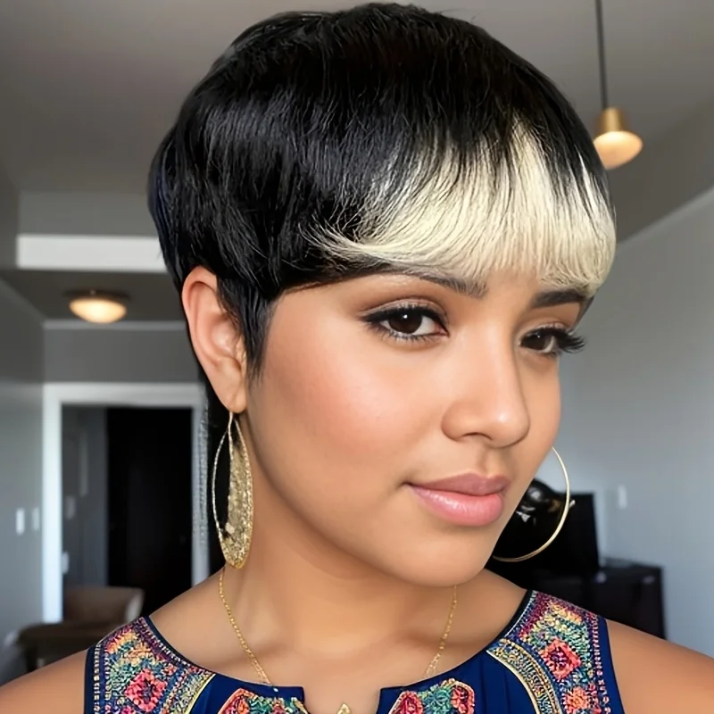 인간의 머리 픽시 컷 가발 웨이브 전체 기계 제작 가발 레이어드 가발 여성용 자연스러운 모습