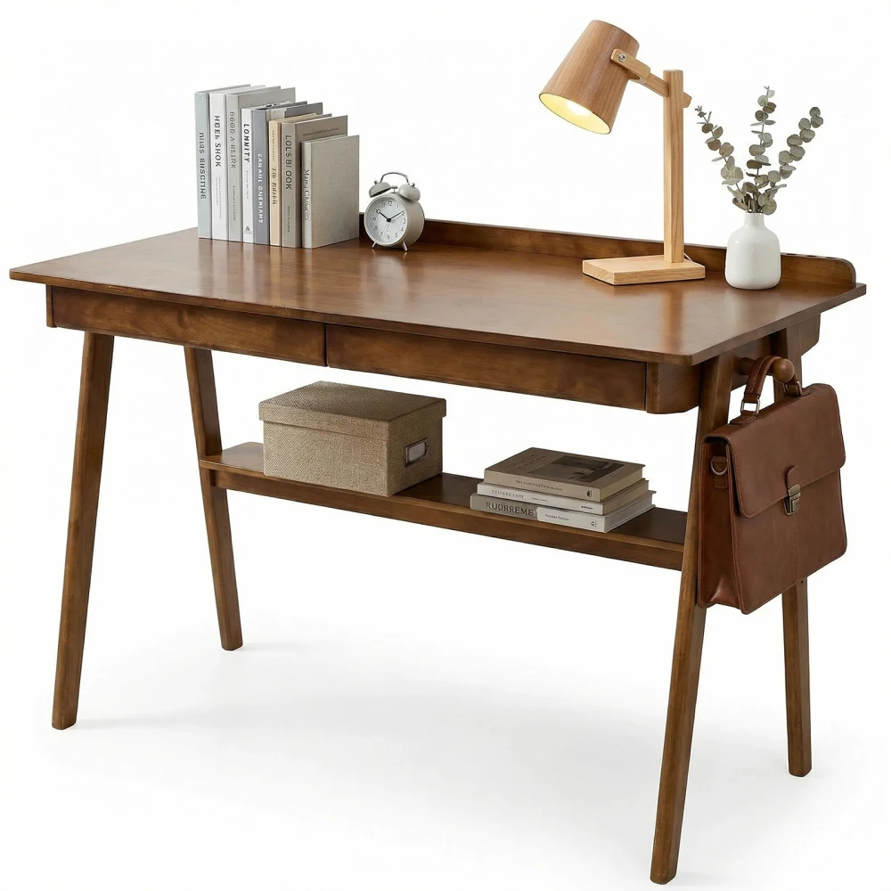 

Solid Wood Mid Century Modern Desk for Small Spaces with 2 Drawers, Storage Shelf & Side Hooks (Walnut)