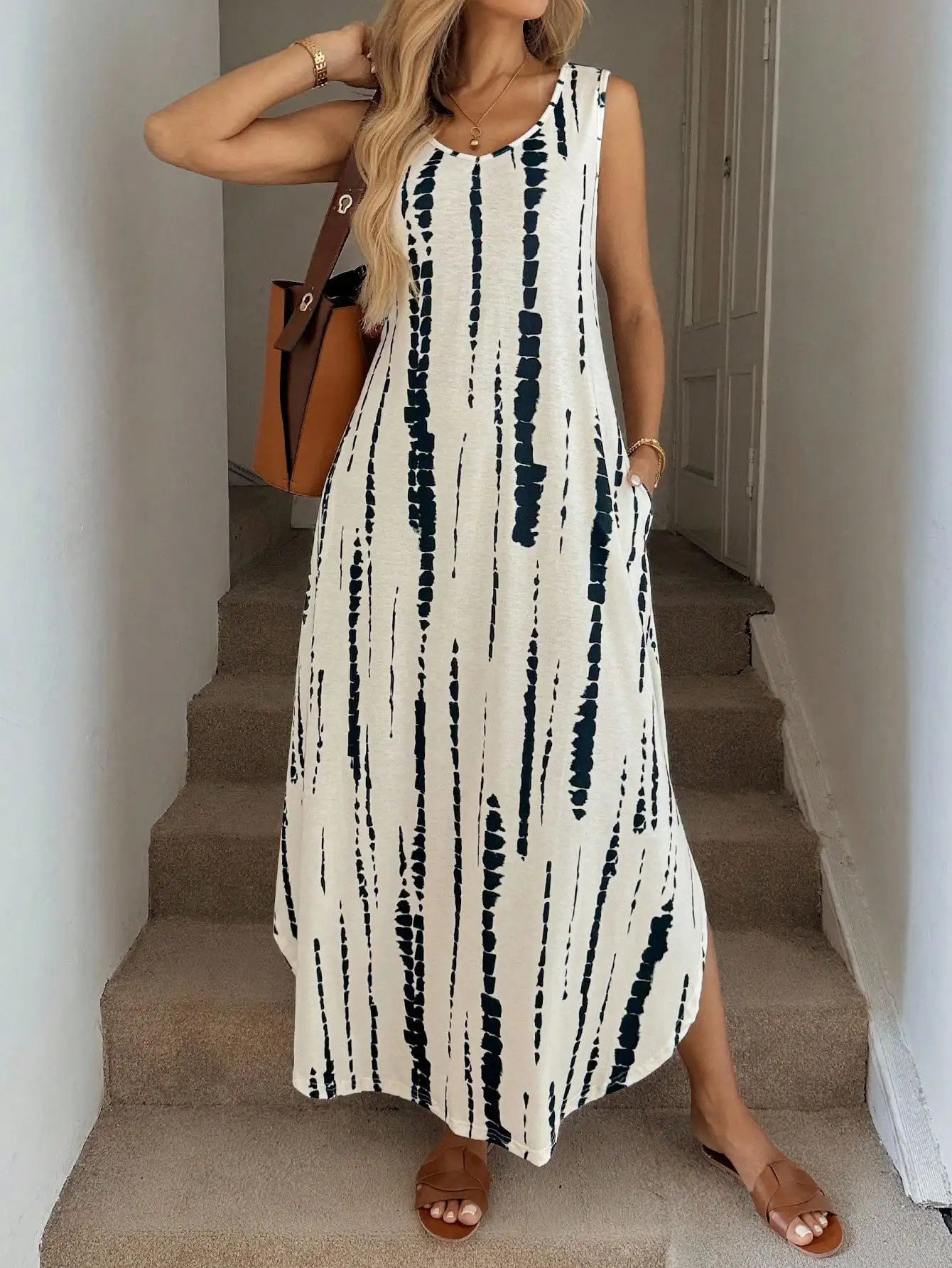 

Sleeveless V-Neck Maxi Dress with Asymmetrical Hem, Side Slit & Tie-Dye Print