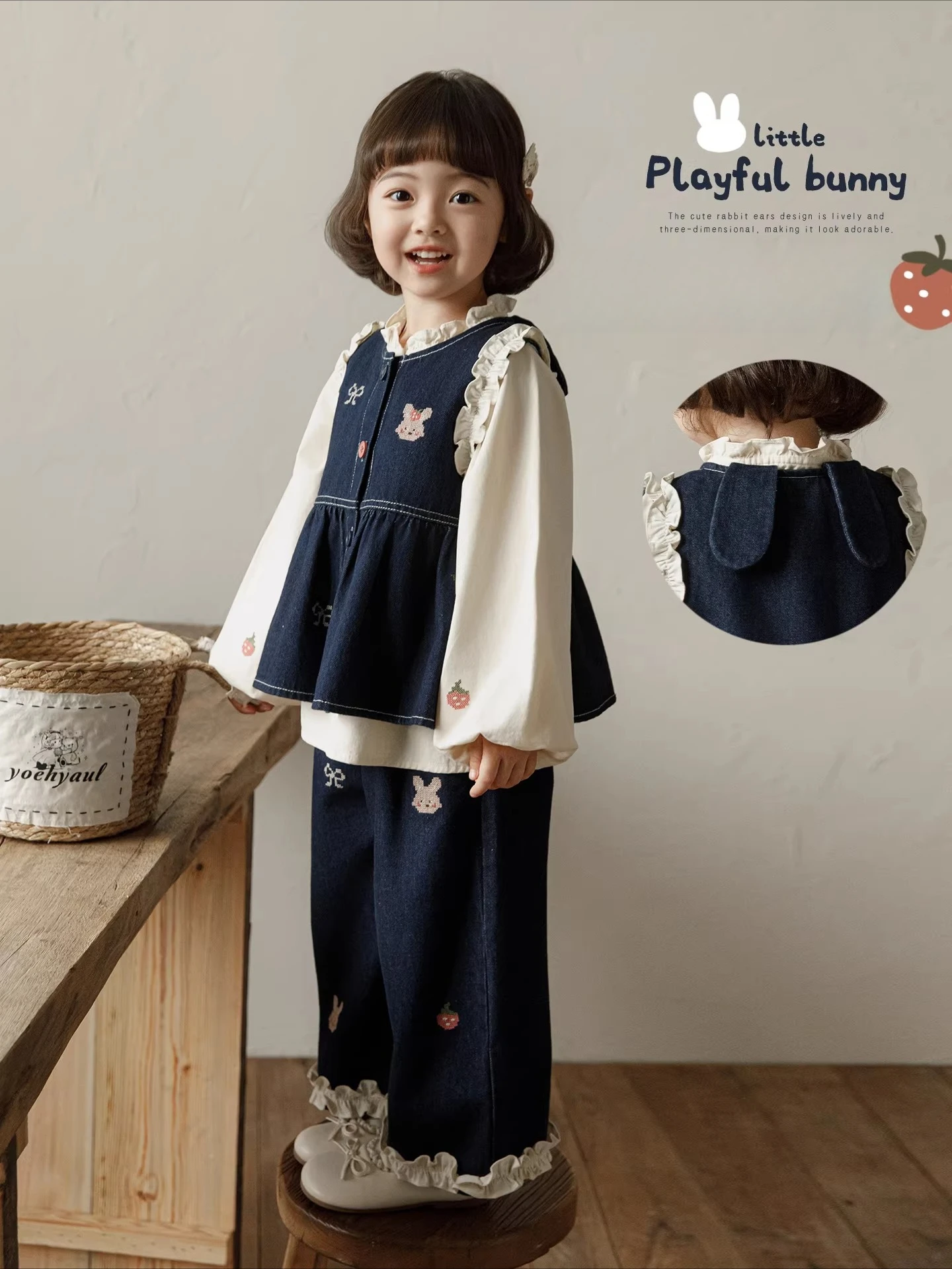 2026 Spring Girls Ruffle Cotton Set Denim Vest Straight-Leg Convertible Storytime Magic 3-12Y