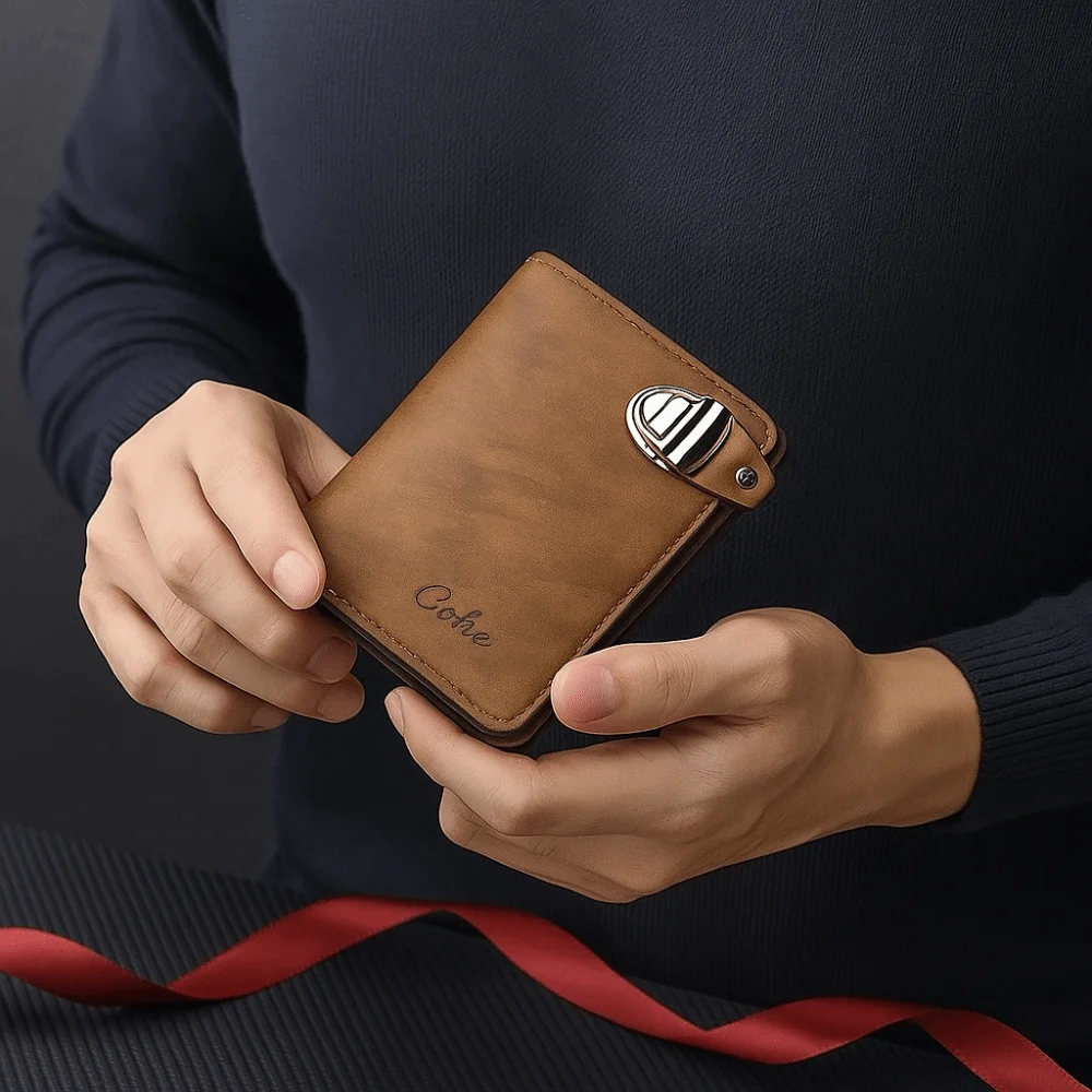 محفظة رجالية فاخرة بسحاب بلون سادة وفتحات بطاقات متعددة وحامل بطاقات عمل وإبزيم قصير ومحفظة جلدية للعملات المعدنية يوميًا #3