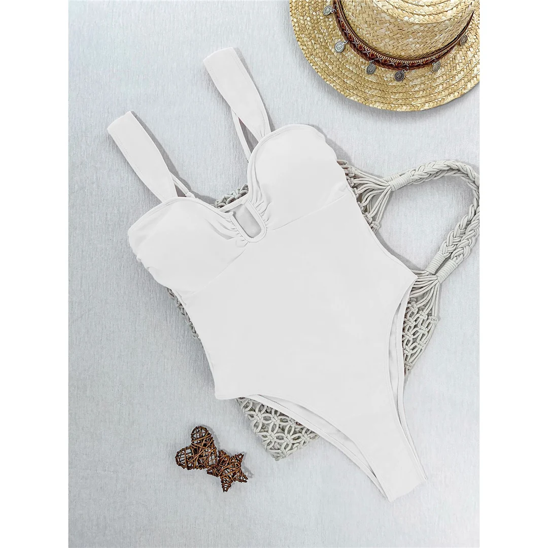 Neuer U-Ausschnitt, geraffter, weißer, einteiliger Badeanzug für Damen, Badebekleidung, hoch geschnittene Beine, Monokini, gepolsterter Badeanzug, Badebekleidung, Schwimmanzug V8388 – Detail 8