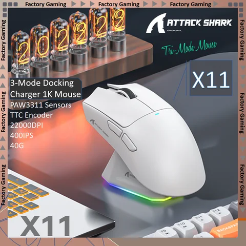 ATTACK SHARK X11 Tri-Mode Lightweight Gaming Mouse have PAW3311,22000DPI,400IPS,40G,59g,Magnetic Fast Charging,RGB backlight