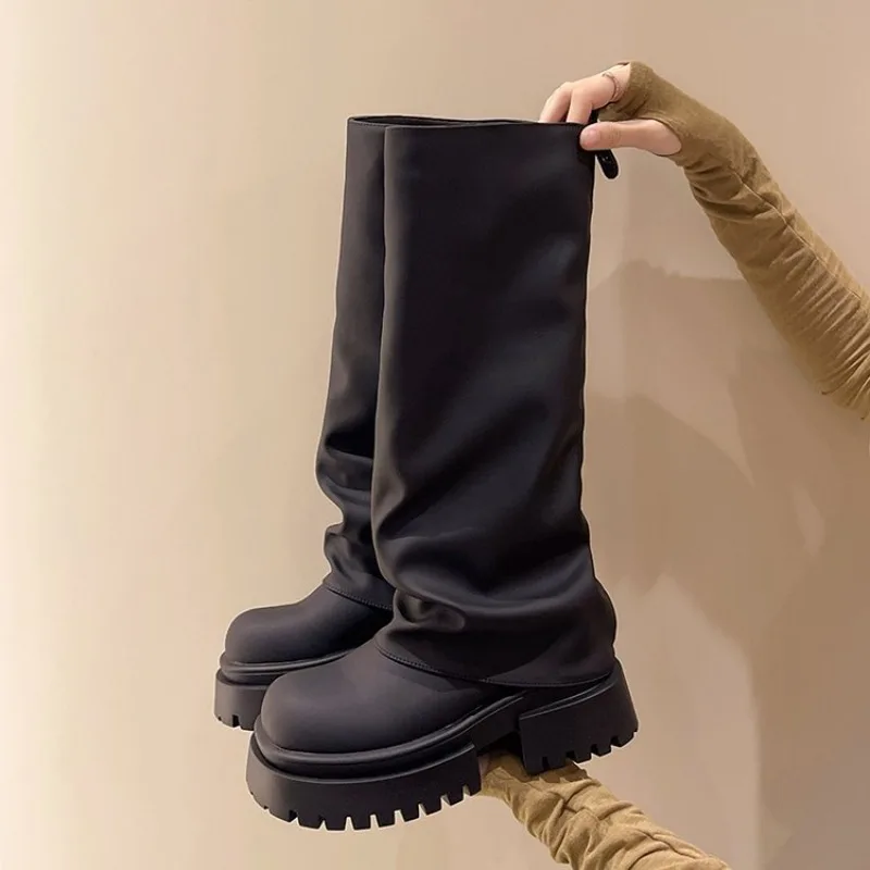 

2025 Winter Toe Trouser legs Boot For Women Punk Chunky Platform Knee High Boots Vintage Motorcycle Boots Trendy Women Shoes