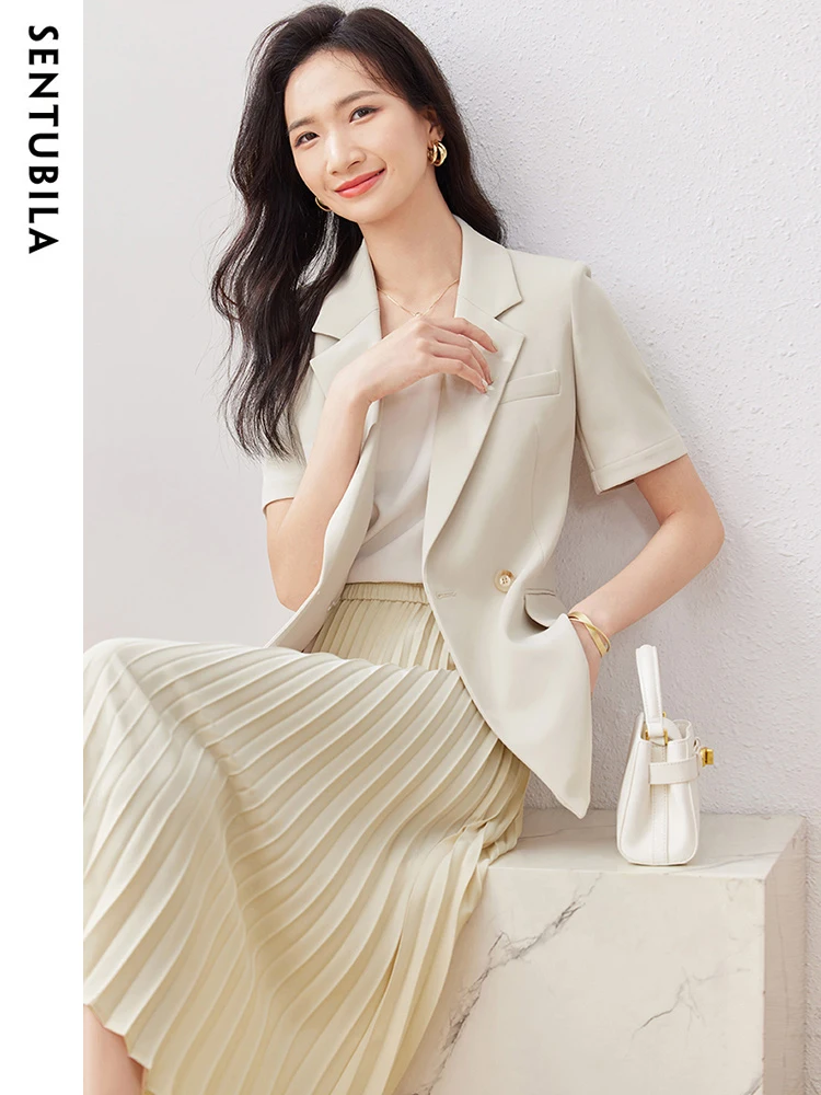 SENTUBILA Office Lady Blazer and Skirt 2 Piece Set for Women 2024 Summer Short Sleeve Jacket Pleated Skirts Suit Woman 132Z49856